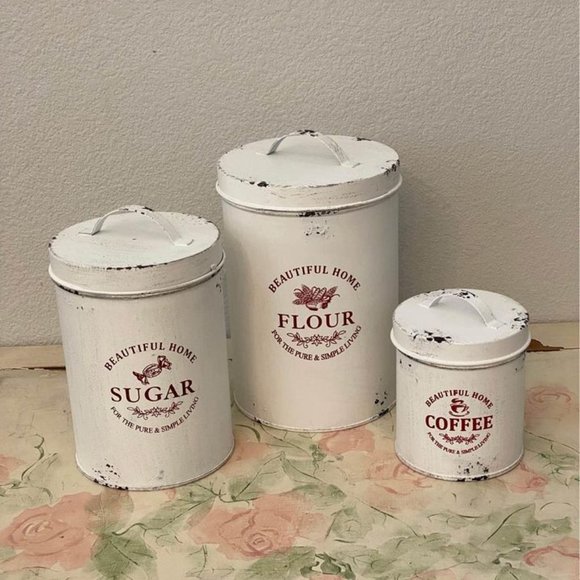 Other - Set Of 3 Antique White Food Storage Canisters